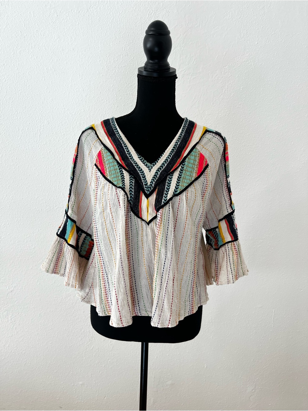 THML Bohemian Cotton Embroidered Cropped Blouse Festival Peasant Folk Boho Chic